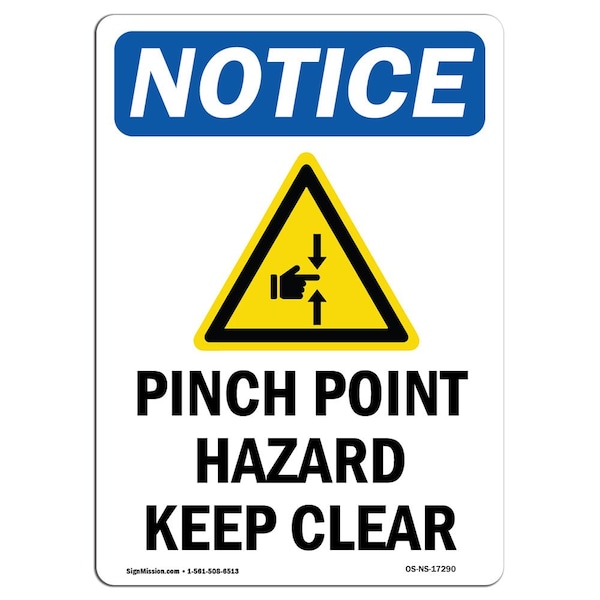 Safety Sign, OSHA Notice, 18" Height, Pinch Point Hazard Sign With Symbol, Portrait